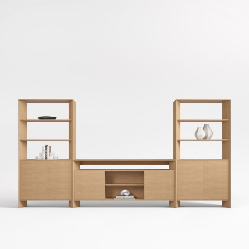 Natural Solid Oak Wood Storage Media Console with 2 Storage Bookcases