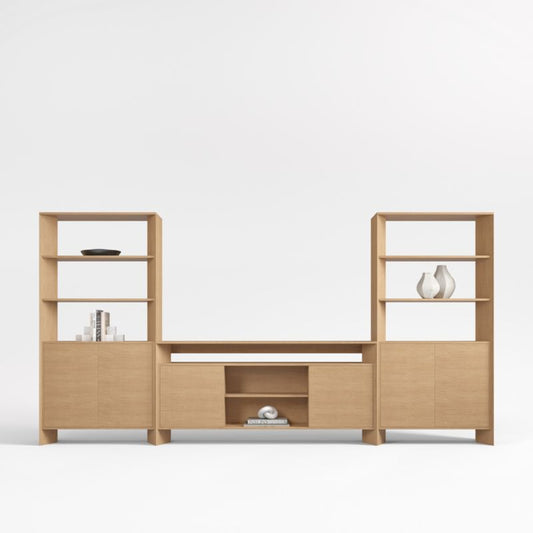 Natural Solid Oak Wood Storage Media Console with 2 Storage Bookcases